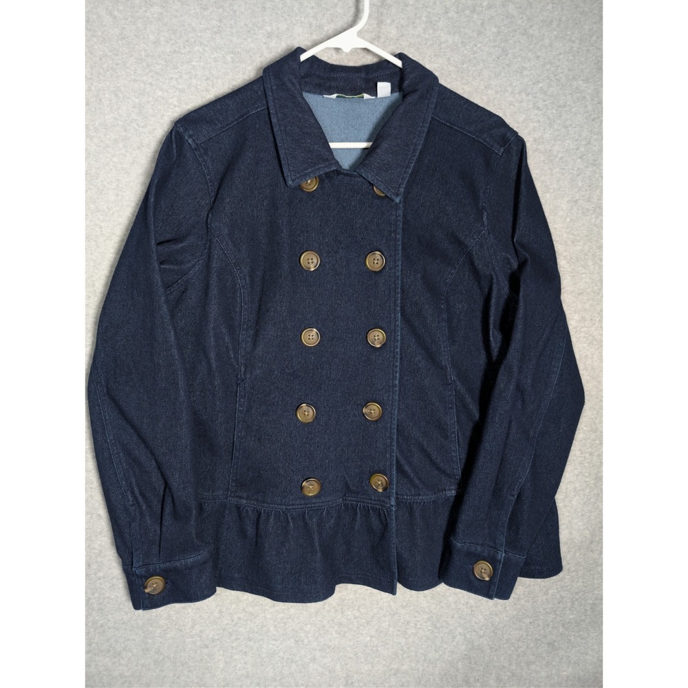 Lemon Way Jacket Womens XL Dark Wash Indigo Denim Double Breasted Peplum Stretch